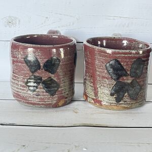Hand Thrown Original Stoneware Ceramic Red Green Black 8oz Coffee Mugs Set Of 2